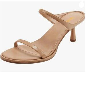 Pazzion Brown Open Rounded Toe Mules Dual Straps Mid Thin Heels Backless Sandals